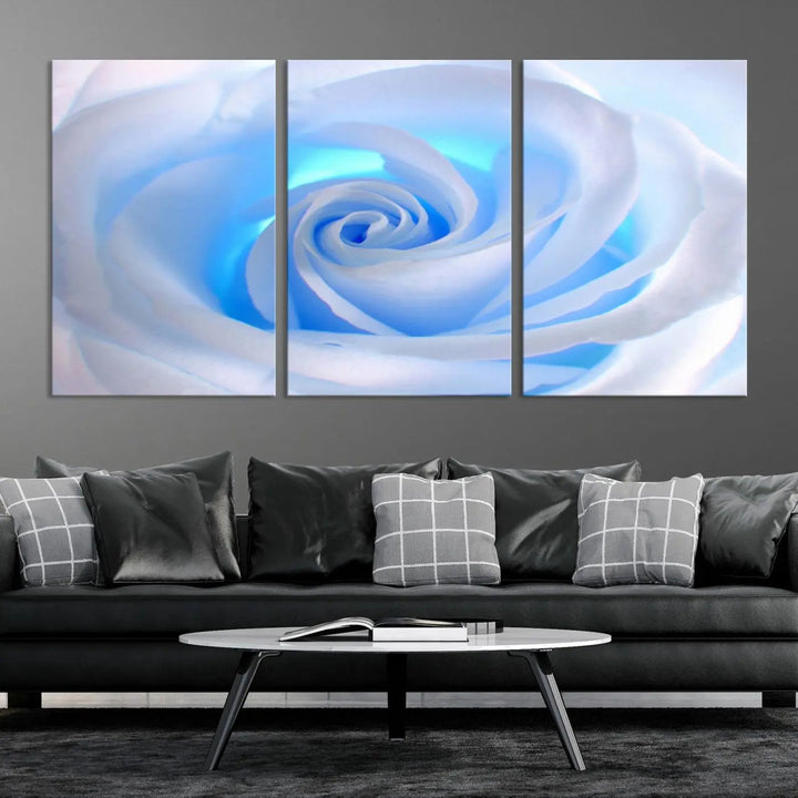 The Blue Rose Wall Art Canvas Print, a museum-quality piece ready to hang, adds charm to the room.