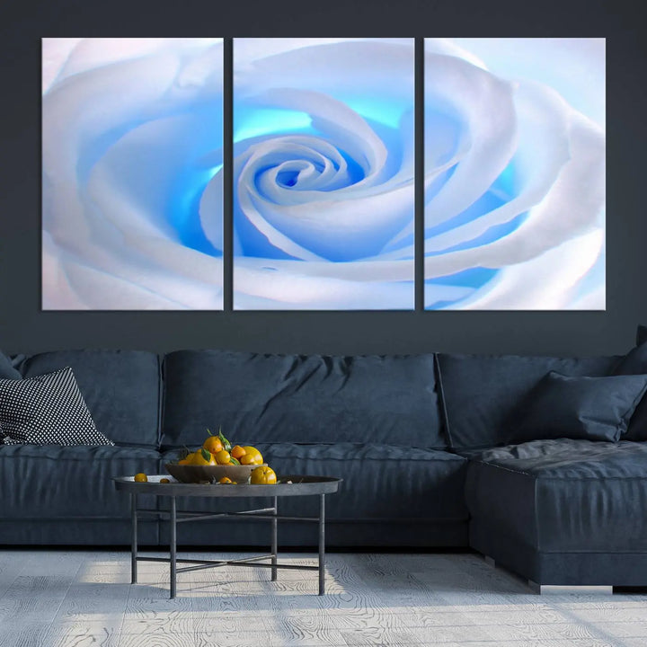 The Blue Rose Wall Art Canvas Print, a museum-quality piece ready to hang, adds charm to the room.