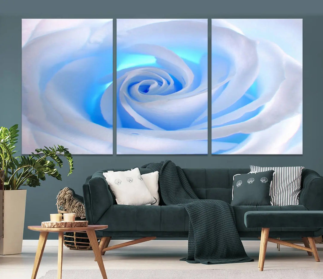 The Blue Rose Wall Art Canvas Print, a museum-quality piece ready to hang, adds charm to the room.