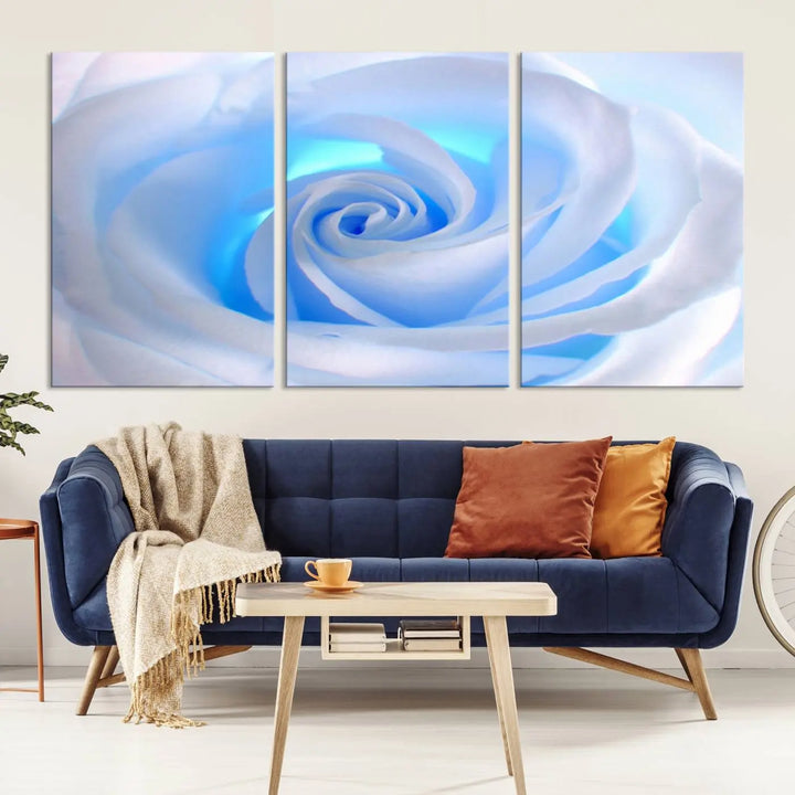 The Blue Rose Wall Art Canvas Print, a museum-quality piece ready to hang, adds charm to the room.