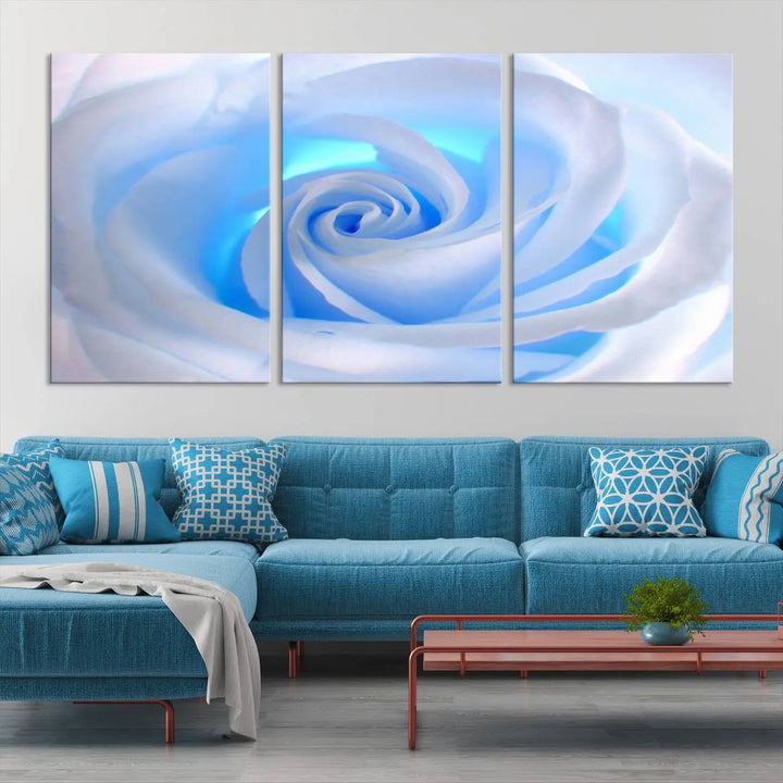 The Blue Rose Wall Art Canvas Print, a museum-quality piece ready to hang, adds charm to the room.