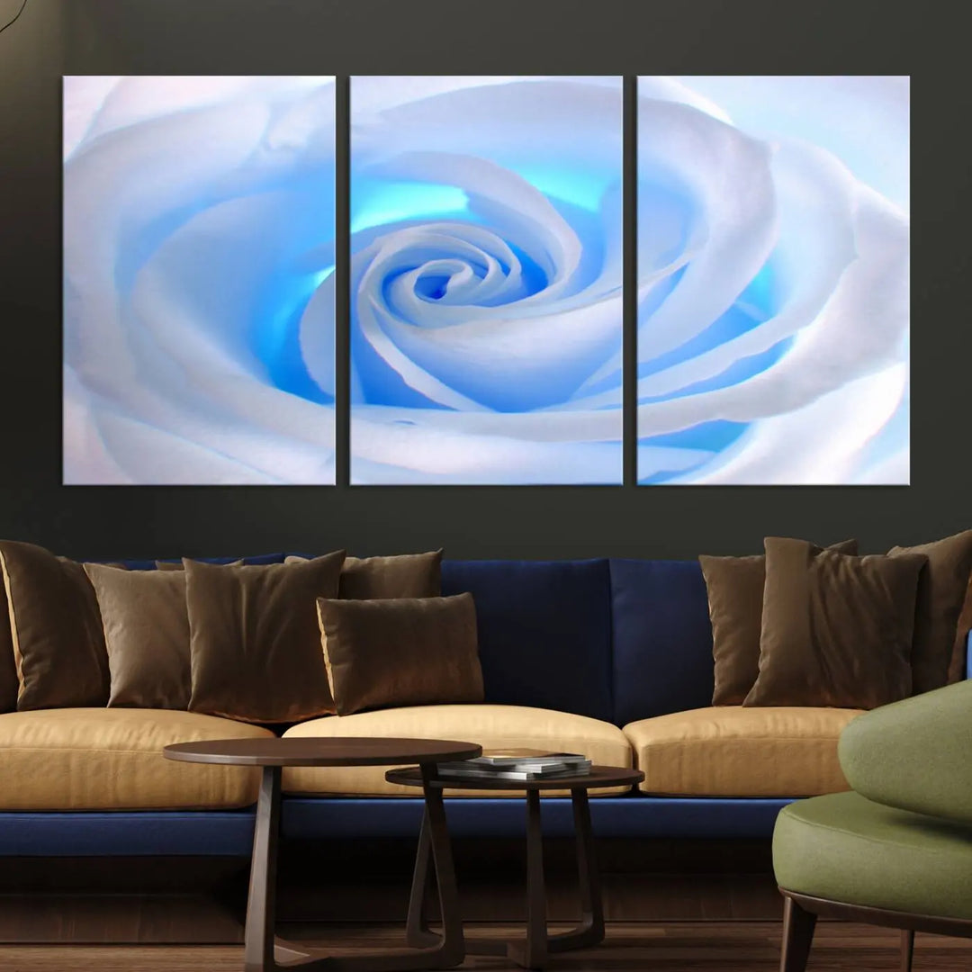 The Blue Rose Wall Art Canvas Print, a museum-quality piece ready to hang, adds charm to the room.