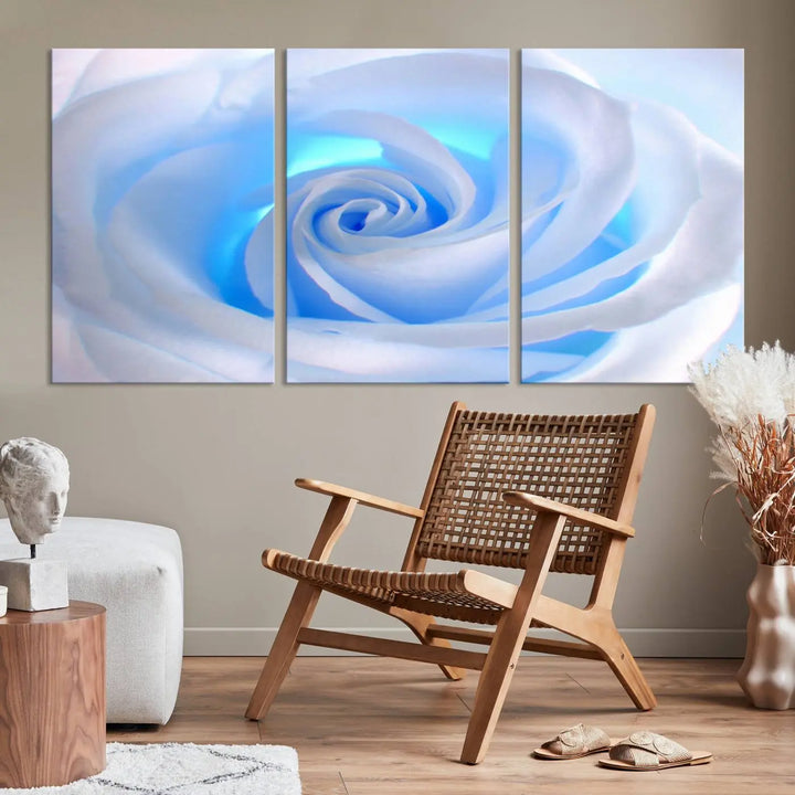 The Blue Rose Wall Art Canvas Print, a museum-quality piece ready to hang, adds charm to the room.