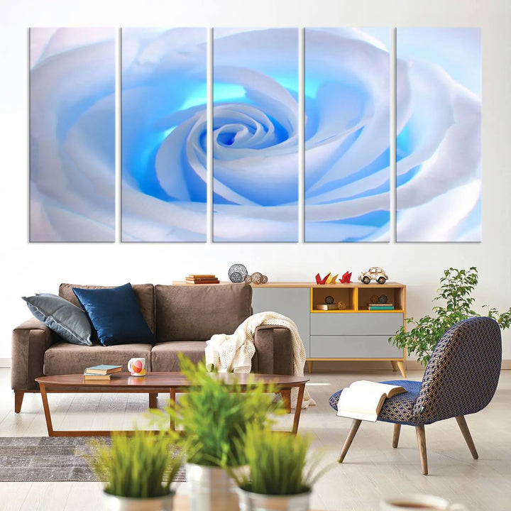 The Blue Rose Wall Art Canvas Print, a museum-quality piece ready to hang, adds charm to the room.