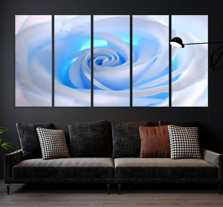 The Blue Rose Wall Art Canvas Print, a museum-quality piece ready to hang, adds charm to the room.