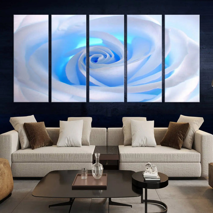 The Blue Rose Wall Art Canvas Print, a museum-quality piece ready to hang, adds charm to the room.