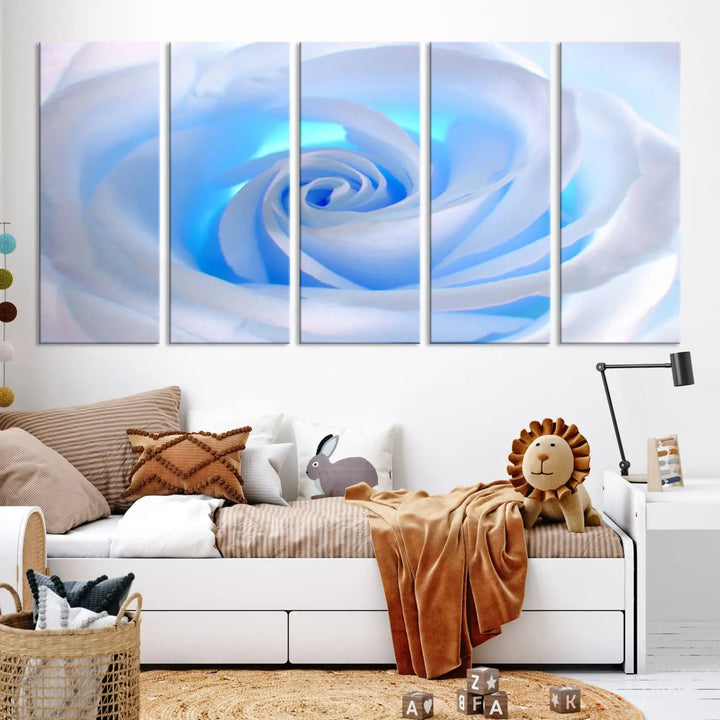 The Blue Rose Wall Art Canvas Print, a museum-quality piece ready to hang, adds charm to the room.