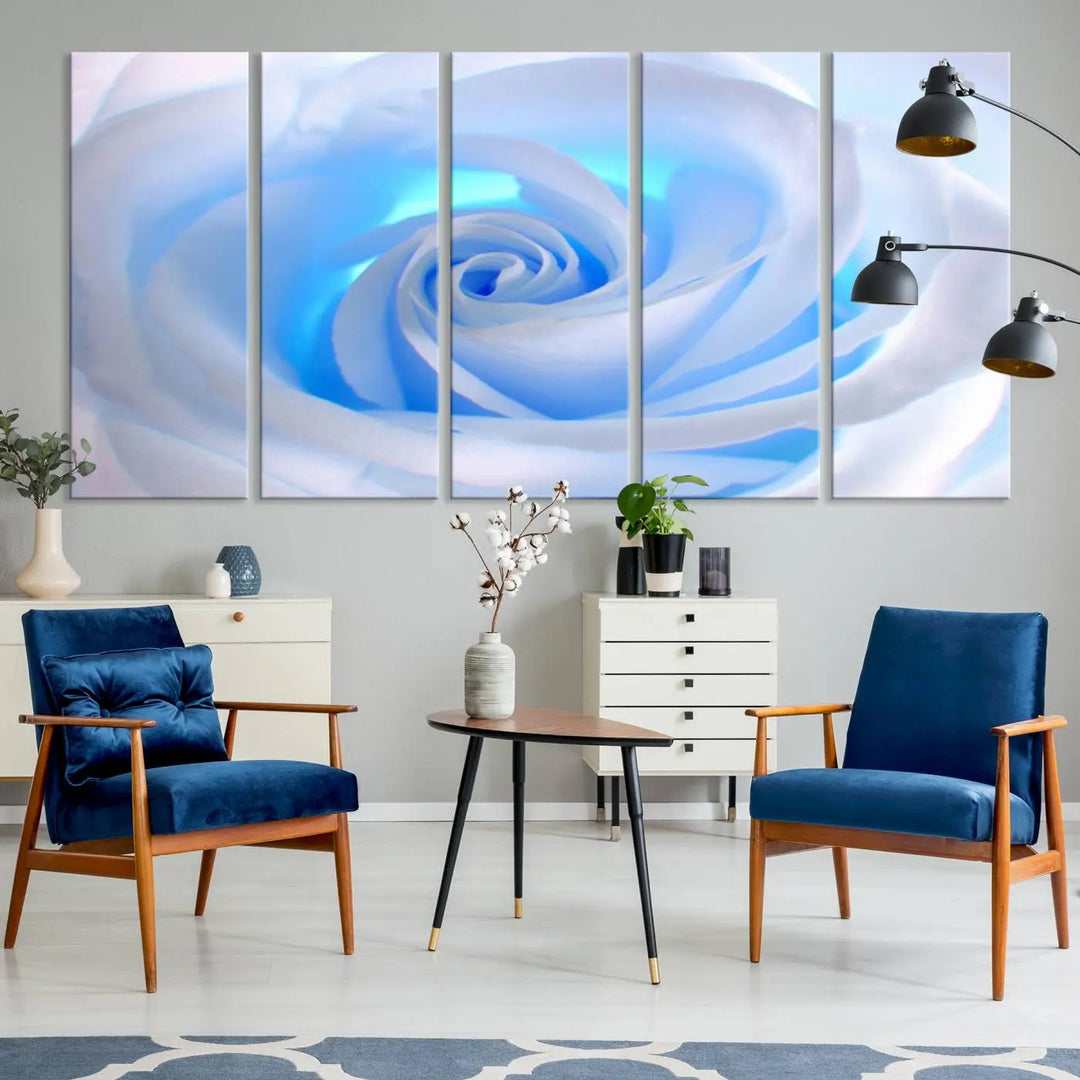 The Blue Rose Wall Art Canvas Print, a museum-quality piece ready to hang, adds charm to the room.