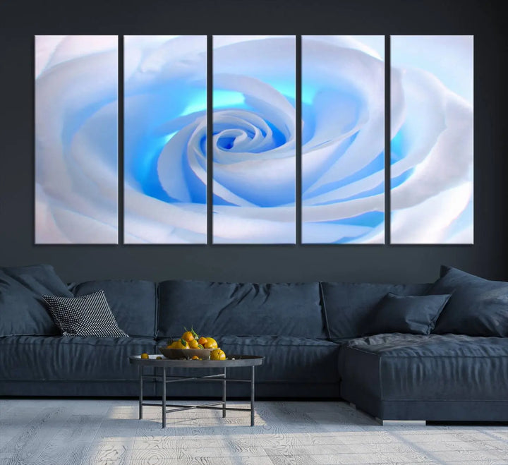 The Blue Rose Wall Art Canvas Print, a museum-quality piece ready to hang, adds charm to the room.