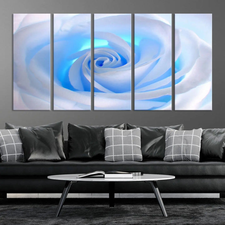 The Blue Rose Wall Art Canvas Print, a museum-quality piece ready to hang, adds charm to the room.