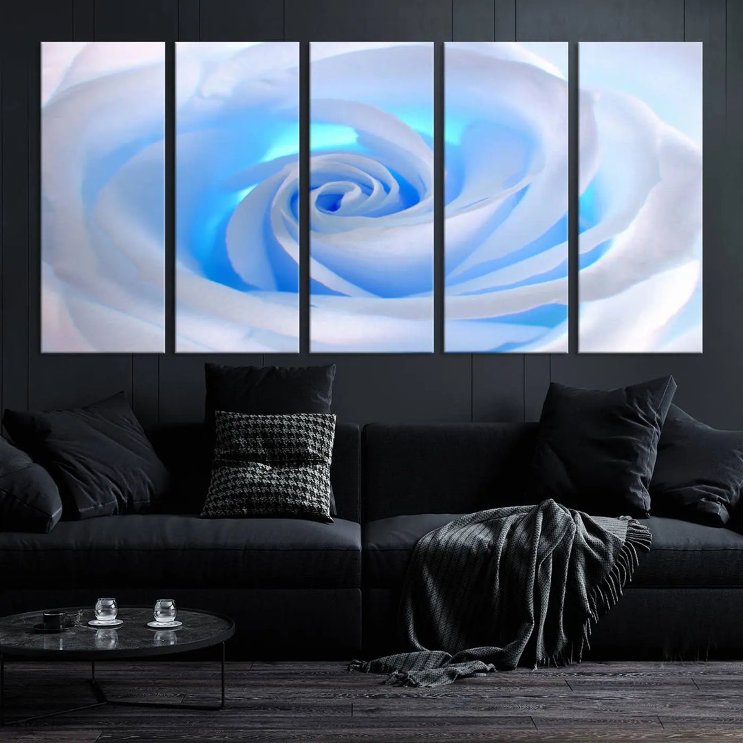 The Blue Rose Wall Art Canvas Print, a museum-quality piece ready to hang, adds charm to the room.