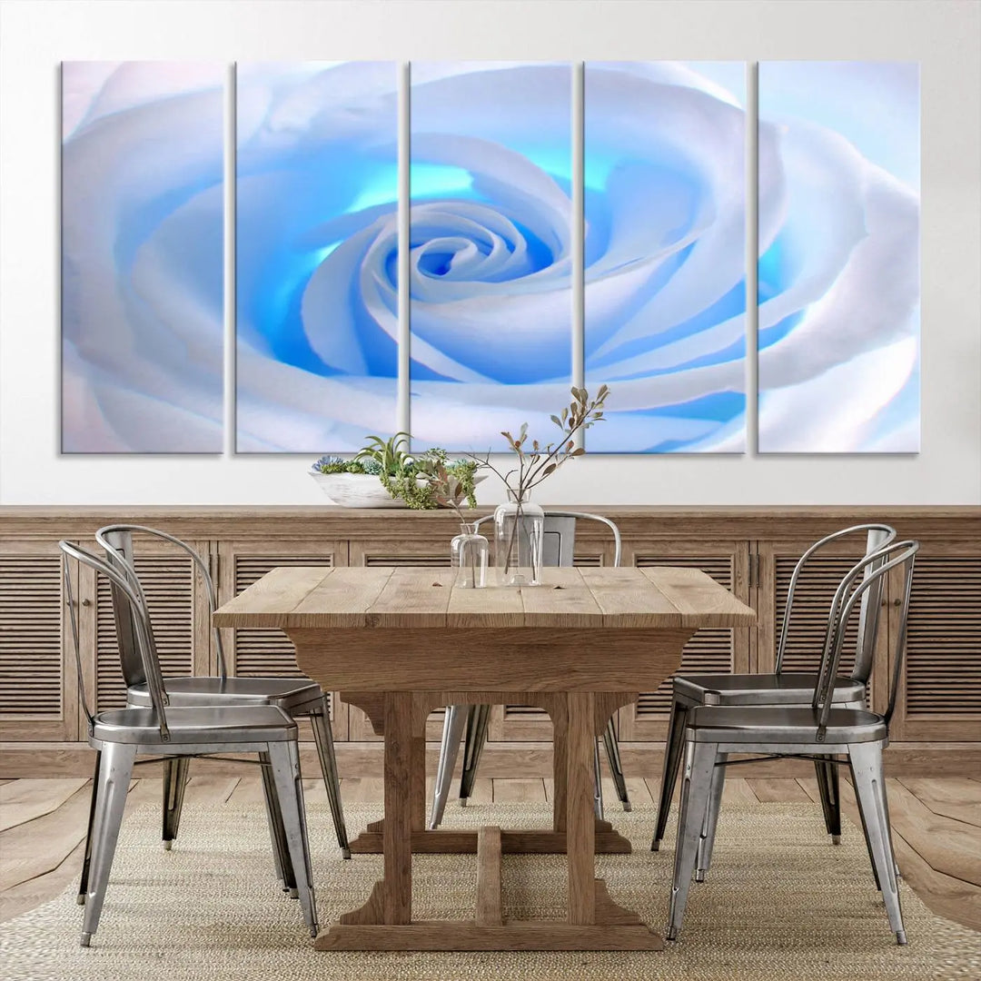 The Blue Rose Wall Art Canvas Print, a museum-quality piece ready to hang, adds charm to the room.