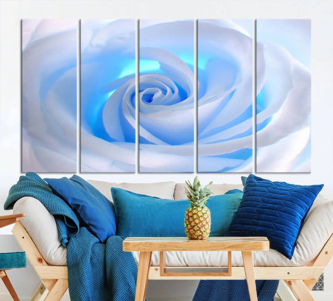 The Blue Rose Wall Art Canvas Print, a museum-quality piece ready to hang, adds charm to the room.