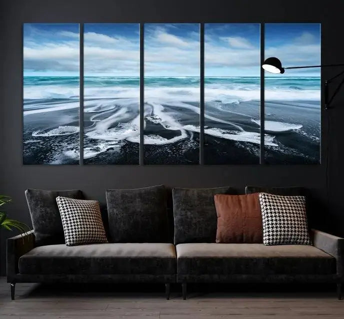 The Blue Sea Bubble Wall Art Canvas Print, featuring a three-panel design of a beach with waves under a cloudy sky, is crafted on museum-quality canvas. Enjoy free shipping on this elegant piece that transforms any space.