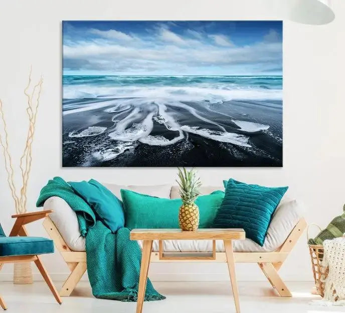 The Blue Sea Bubble Wall Art Canvas Print, featuring a three-panel design of a beach with waves under a cloudy sky, is crafted on museum-quality canvas. Enjoy free shipping on this elegant piece that transforms any space.