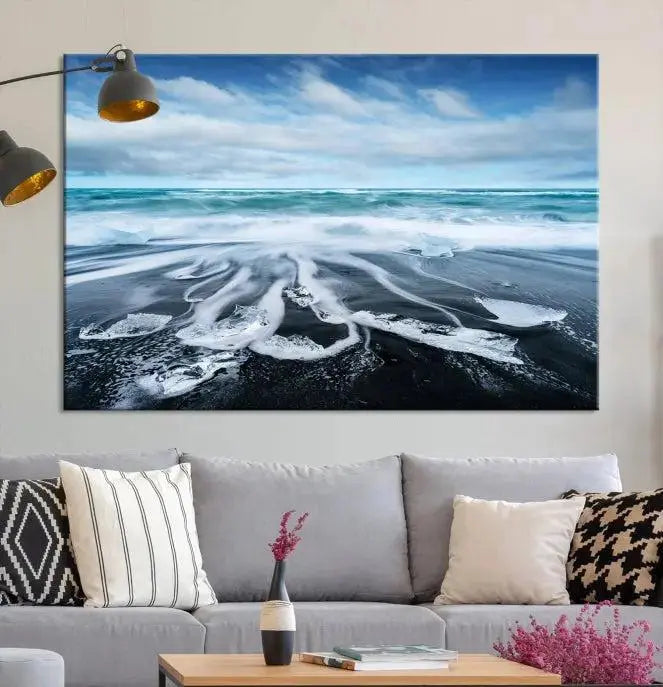 The Blue Sea Bubble Wall Art Canvas Print, featuring a three-panel design of a beach with waves under a cloudy sky, is crafted on museum-quality canvas. Enjoy free shipping on this elegant piece that transforms any space.