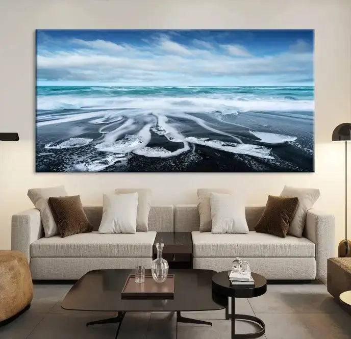 The Blue Sea Bubble Wall Art Canvas Print, featuring a three-panel design of a beach with waves under a cloudy sky, is crafted on museum-quality canvas. Enjoy free shipping on this elegant piece that transforms any space.