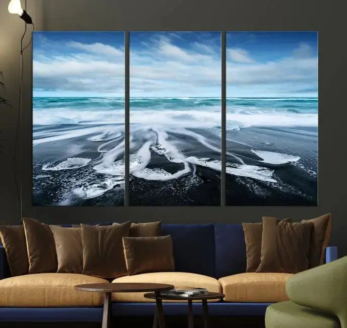 The Blue Sea Bubble Wall Art Canvas Print, featuring a three-panel design of a beach with waves under a cloudy sky, is crafted on museum-quality canvas. Enjoy free shipping on this elegant piece that transforms any space.