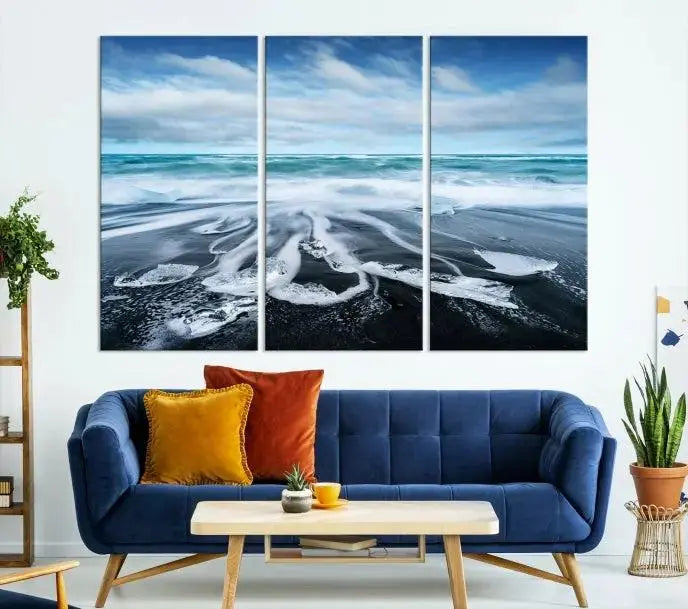 The Blue Sea Bubble Wall Art Canvas Print, featuring a three-panel design of a beach with waves under a cloudy sky, is crafted on museum-quality canvas. Enjoy free shipping on this elegant piece that transforms any space.