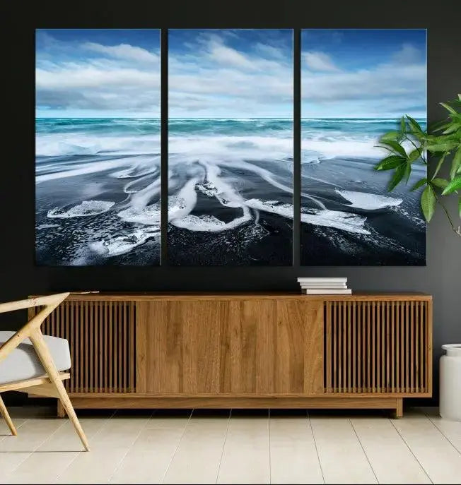 The Blue Sea Bubble Wall Art Canvas Print, featuring a three-panel design of a beach with waves under a cloudy sky, is crafted on museum-quality canvas. Enjoy free shipping on this elegant piece that transforms any space.