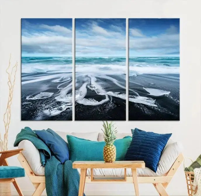 The Blue Sea Bubble Wall Art Canvas Print, featuring a three-panel design of a beach with waves under a cloudy sky, is crafted on museum-quality canvas. Enjoy free shipping on this elegant piece that transforms any space.