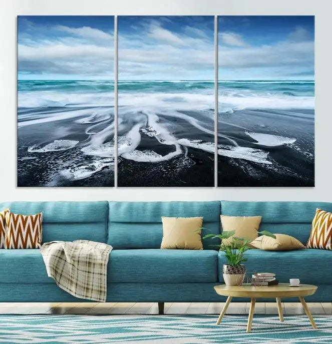 The Blue Sea Bubble Wall Art Canvas Print, featuring a three-panel design of a beach with waves under a cloudy sky, is crafted on museum-quality canvas. Enjoy free shipping on this elegant piece that transforms any space.