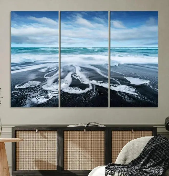 The Blue Sea Bubble Wall Art Canvas Print, featuring a three-panel design of a beach with waves under a cloudy sky, is crafted on museum-quality canvas. Enjoy free shipping on this elegant piece that transforms any space.