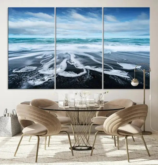 The Blue Sea Bubble Wall Art Canvas Print, featuring a three-panel design of a beach with waves under a cloudy sky, is crafted on museum-quality canvas. Enjoy free shipping on this elegant piece that transforms any space.