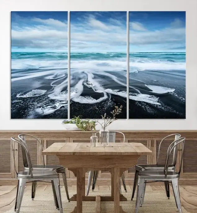 The Blue Sea Bubble Wall Art Canvas Print, featuring a three-panel design of a beach with waves under a cloudy sky, is crafted on museum-quality canvas. Enjoy free shipping on this elegant piece that transforms any space.