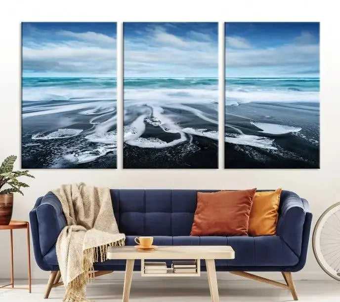 The Blue Sea Bubble Wall Art Canvas Print, featuring a three-panel design of a beach with waves under a cloudy sky, is crafted on museum-quality canvas. Enjoy free shipping on this elegant piece that transforms any space.