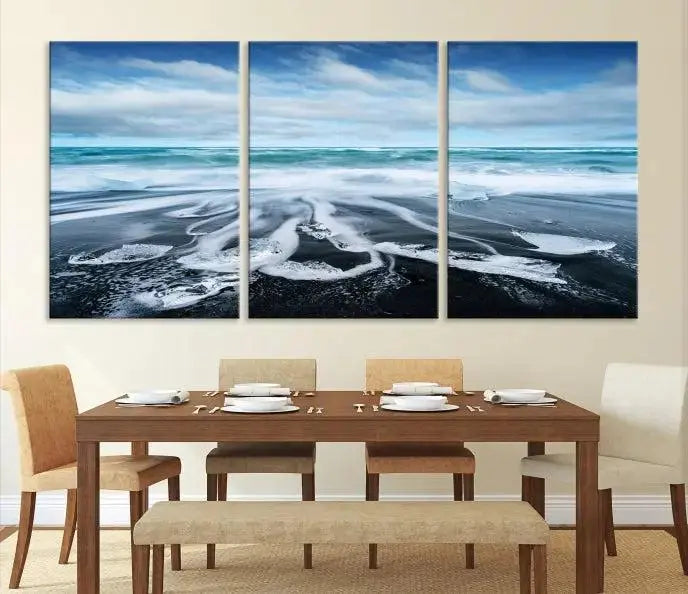 The Blue Sea Bubble Wall Art Canvas Print, featuring a three-panel design of a beach with waves under a cloudy sky, is crafted on museum-quality canvas. Enjoy free shipping on this elegant piece that transforms any space.