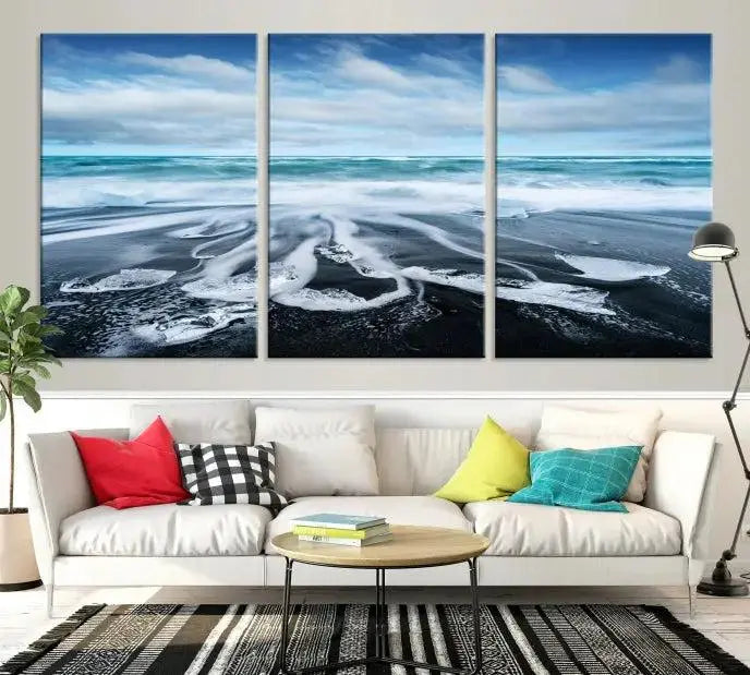 The Blue Sea Bubble Wall Art Canvas Print, featuring a three-panel design of a beach with waves under a cloudy sky, is crafted on museum-quality canvas. Enjoy free shipping on this elegant piece that transforms any space.