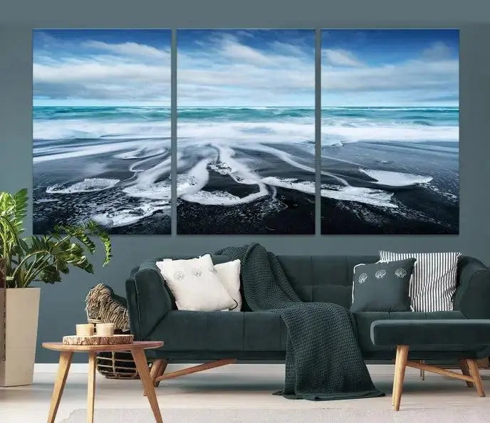 The Blue Sea Bubble Wall Art Canvas Print, featuring a three-panel design of a beach with waves under a cloudy sky, is crafted on museum-quality canvas. Enjoy free shipping on this elegant piece that transforms any space.