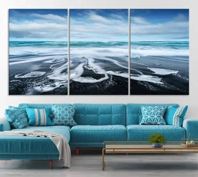 The Blue Sea Bubble Wall Art Canvas Print, featuring a three-panel design of a beach with waves under a cloudy sky, is crafted on museum-quality canvas. Enjoy free shipping on this elegant piece that transforms any space.