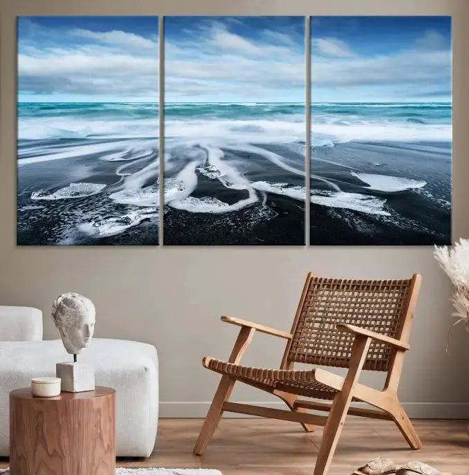 The Blue Sea Bubble Wall Art Canvas Print, featuring a three-panel design of a beach with waves under a cloudy sky, is crafted on museum-quality canvas. Enjoy free shipping on this elegant piece that transforms any space.