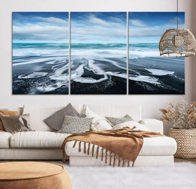 The Blue Sea Bubble Wall Art Canvas Print, featuring a three-panel design of a beach with waves under a cloudy sky, is crafted on museum-quality canvas. Enjoy free shipping on this elegant piece that transforms any space.