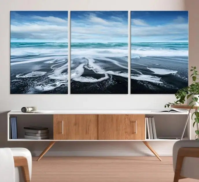 The Blue Sea Bubble Wall Art Canvas Print, featuring a three-panel design of a beach with waves under a cloudy sky, is crafted on museum-quality canvas. Enjoy free shipping on this elegant piece that transforms any space.