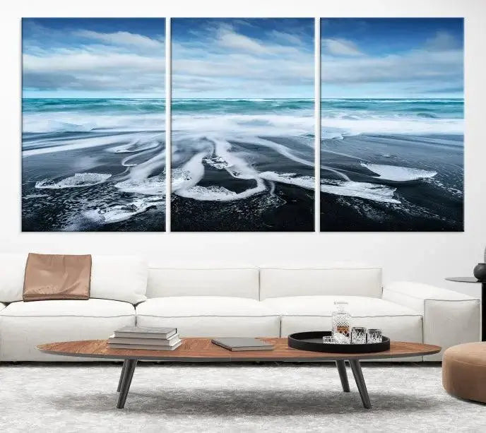 The Blue Sea Bubble Wall Art Canvas Print, featuring a three-panel design of a beach with waves under a cloudy sky, is crafted on museum-quality canvas. Enjoy free shipping on this elegant piece that transforms any space.