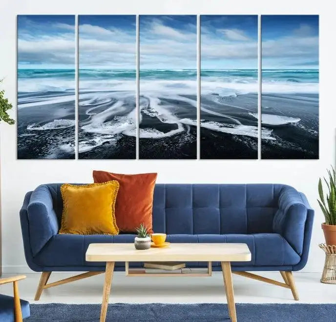 The Blue Sea Bubble Wall Art Canvas Print, featuring a three-panel design of a beach with waves under a cloudy sky, is crafted on museum-quality canvas. Enjoy free shipping on this elegant piece that transforms any space.