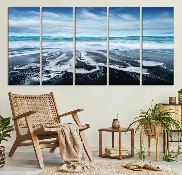 The Blue Sea Bubble Wall Art Canvas Print, featuring a three-panel design of a beach with waves under a cloudy sky, is crafted on museum-quality canvas. Enjoy free shipping on this elegant piece that transforms any space.