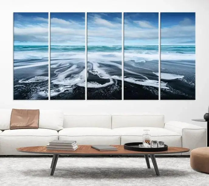 The Blue Sea Bubble Wall Art Canvas Print, featuring a three-panel design of a beach with waves under a cloudy sky, is crafted on museum-quality canvas. Enjoy free shipping on this elegant piece that transforms any space.