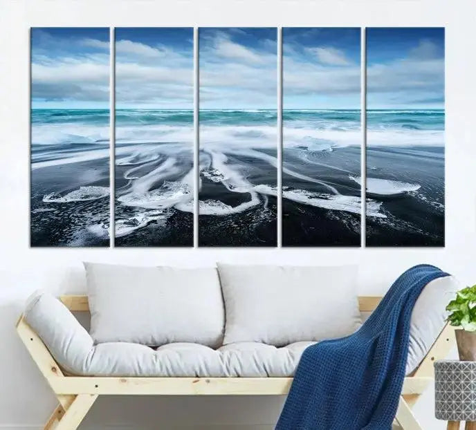 The Blue Sea Bubble Wall Art Canvas Print, featuring a three-panel design of a beach with waves under a cloudy sky, is crafted on museum-quality canvas. Enjoy free shipping on this elegant piece that transforms any space.