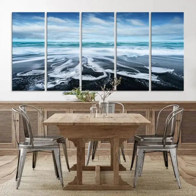 The Blue Sea Bubble Wall Art Canvas Print, featuring a three-panel design of a beach with waves under a cloudy sky, is crafted on museum-quality canvas. Enjoy free shipping on this elegant piece that transforms any space.