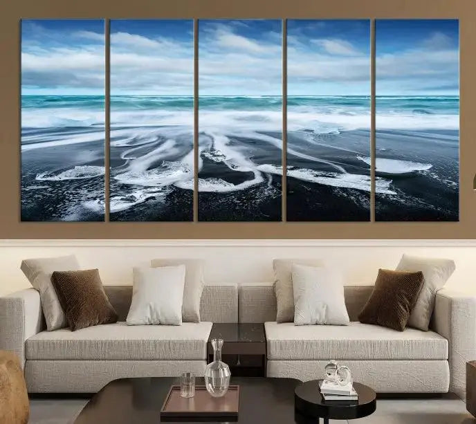 The Blue Sea Bubble Wall Art Canvas Print, featuring a three-panel design of a beach with waves under a cloudy sky, is crafted on museum-quality canvas. Enjoy free shipping on this elegant piece that transforms any space.