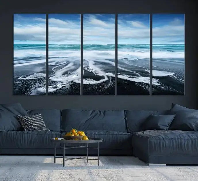 The Blue Sea Bubble Wall Art Canvas Print, featuring a three-panel design of a beach with waves under a cloudy sky, is crafted on museum-quality canvas. Enjoy free shipping on this elegant piece that transforms any space.