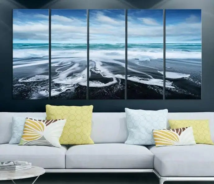 The Blue Sea Bubble Wall Art Canvas Print, featuring a three-panel design of a beach with waves under a cloudy sky, is crafted on museum-quality canvas. Enjoy free shipping on this elegant piece that transforms any space.