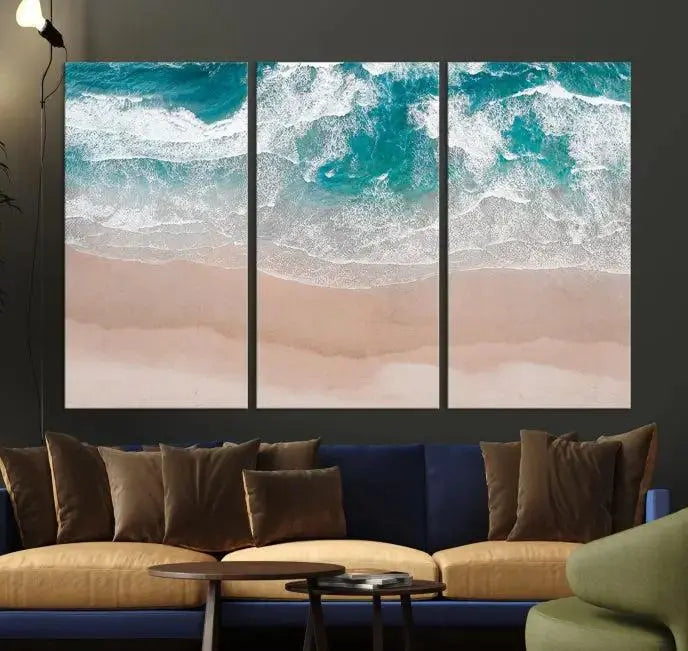 The Blue Sea and Beach Wall Art Canvas Print is a triptych artwork crafted on museum-quality canvas. The hand-assembled framed pieces embody elegance and come with the convenience of free shipping.