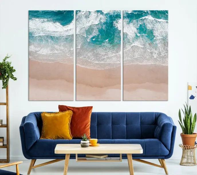 The Blue Sea and Beach Wall Art Canvas Print is a triptych artwork crafted on museum-quality canvas. The hand-assembled framed pieces embody elegance and come with the convenience of free shipping.