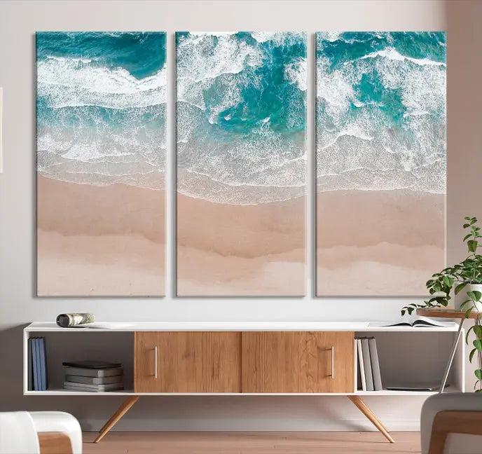 The Blue Sea and Beach Wall Art Canvas Print is a triptych artwork crafted on museum-quality canvas. The hand-assembled framed pieces embody elegance and come with the convenience of free shipping.