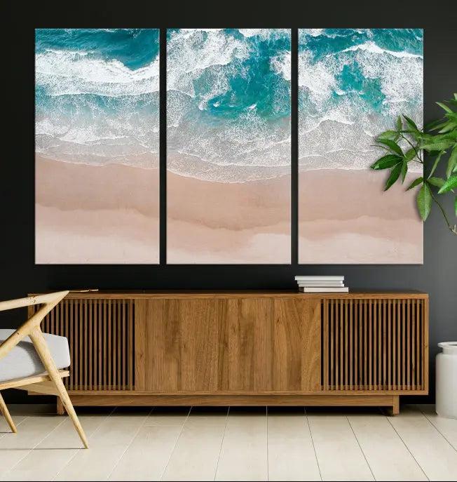 The Blue Sea and Beach Wall Art Canvas Print is a triptych artwork crafted on museum-quality canvas. The hand-assembled framed pieces embody elegance and come with the convenience of free shipping.